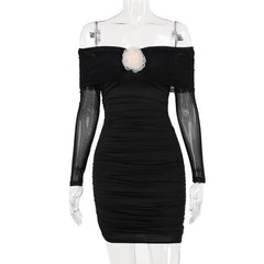 Flower applique mesh ruched off shoulder long sleeve mini dress