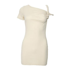 Short sleeve one shoulder ruched solid mini dress-final-sale