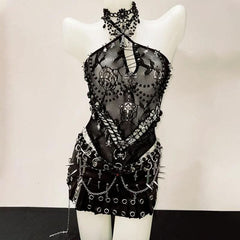 Halter hollow out beaded zip-up top