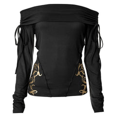 Long sleeve off shoulder ruched self tie stitch top