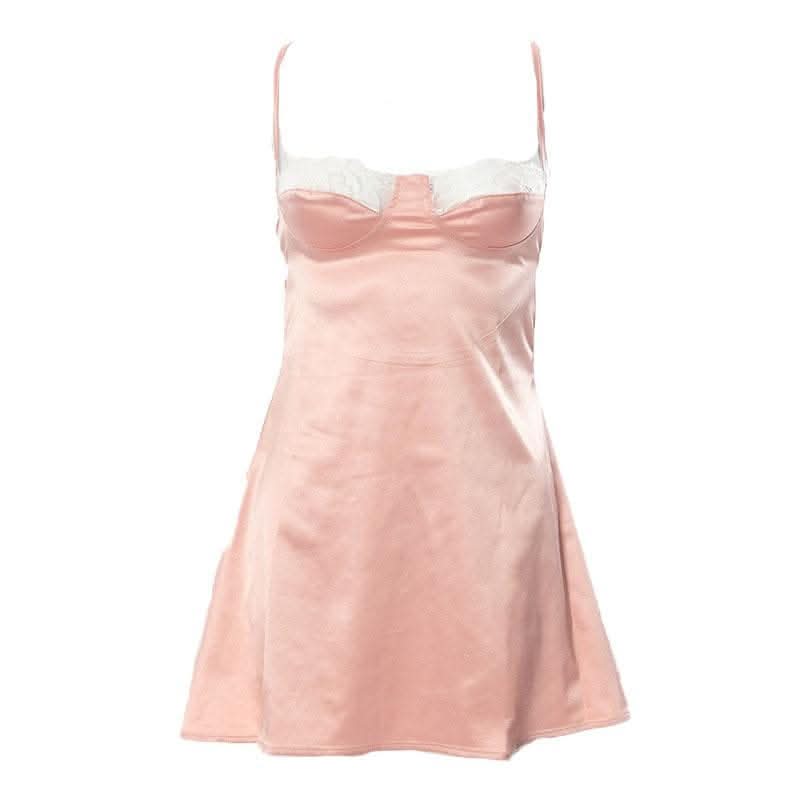 Lace hem satin ruched hollow out backless cami cut out mini dress-final-sale