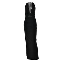 Halter deep v neck slit backless ruched maxi dress