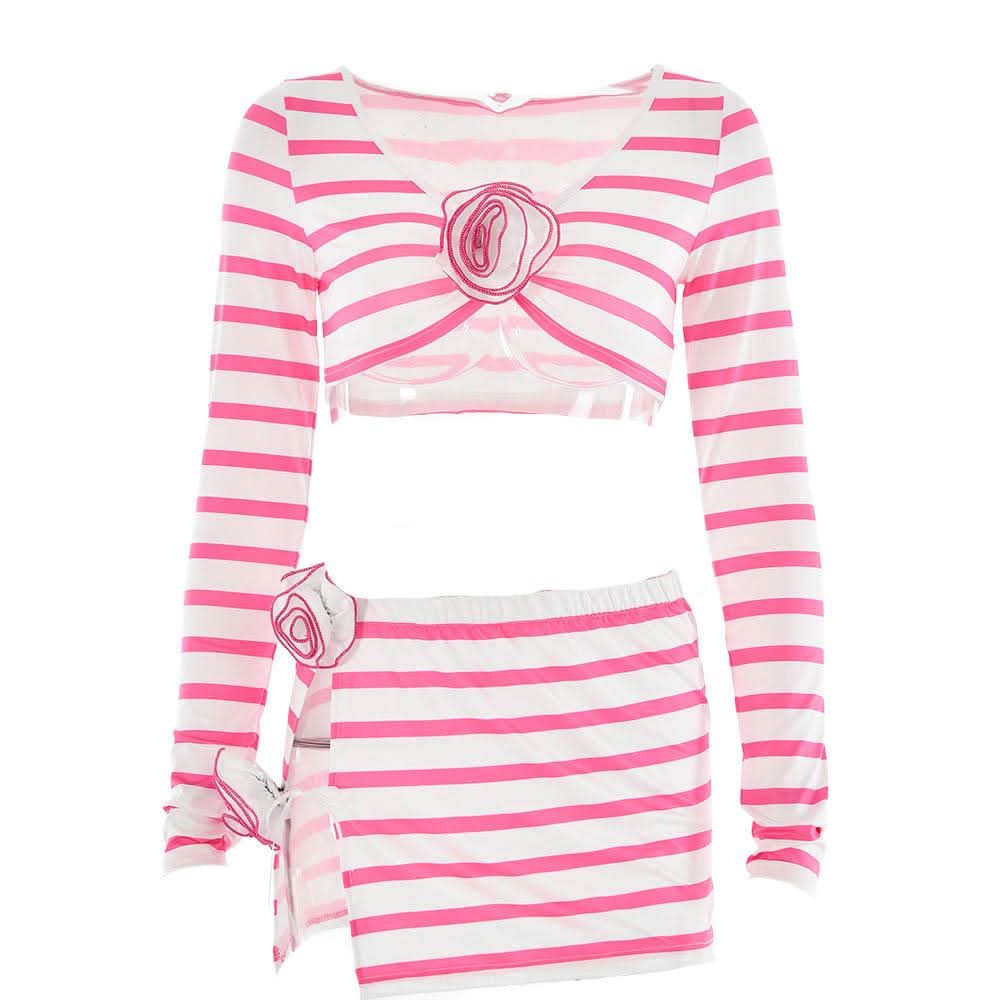 Striped flower applique long sleeve contrast slit mini skirt set-final-sale