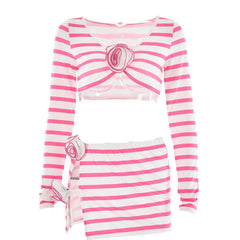 Striped flower applique long sleeve contrast slit mini skirt set-final-sale