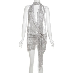 Snakeskin print halter sheer mesh irregular ruched mini dress