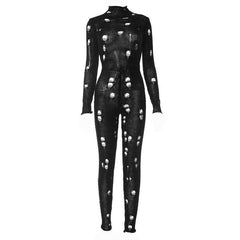 Crochet hollow out high neck lace up solid jumpsuit-final-sale
