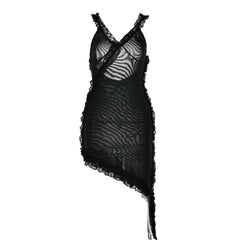 Sheer mesh see through ruffle solid cross back irregular mini dress-final-sale