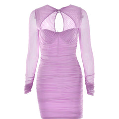 Hollow out ruched mesh long sleeve zip-up button cut out mini dress