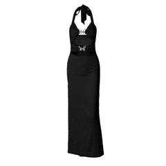 Halter metal butterfly hollow out cut out maxi dress