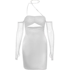Mesh gloves solid halter ruched hollow out off shoulder cut out mini dress-final-sale