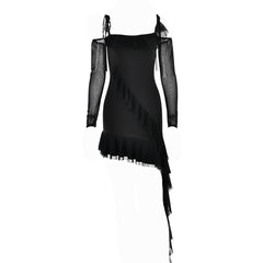 Ruffle self tie irregular off shoulder mesh long sleeve mini dress