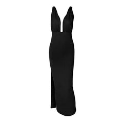 Ruched backless slit ribbon v neck knotted solid maxi dress-final-sale