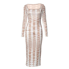 Long sleeve polka dot u neck contrast midi dress-final-sale