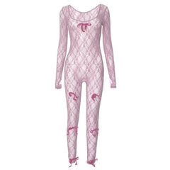 Long sleeve see through bowknot lace jumpsuit-final-sale
