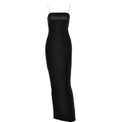 Metal chain square neck slit solid knotted maxi dress-final-sale