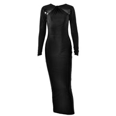 Long sleeve beaded zip-up hollow out patchwork cut out maxi dress-final-sale