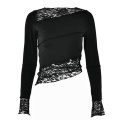 Lace patchwork irregular stitch long sleeve top-final-sale