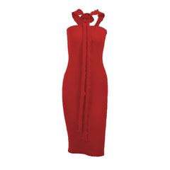 Ribbed solid slit flower applique ribbon ruffle midi dress-final-sale
