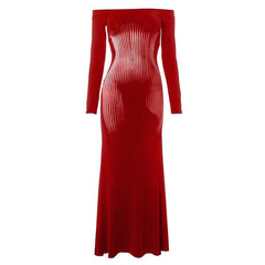 Long sleeve off shoulder print contrast maxi dress-final-sale