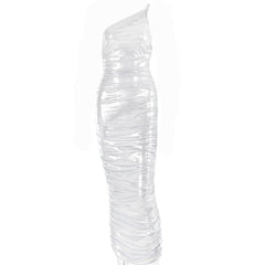 Metallic one shoulder solid ruched zip-up maxi dress-final-sale