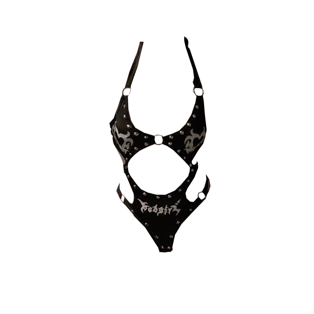 Halter beaded skeleton print o ring mini bodysuit