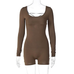Long sleeve u neck lace up backless solid romper-final-sale