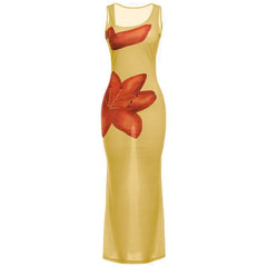 Irregular u neck flower print see through maxi dress