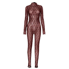Long sleeve lace high neck zip-up see through jumpsuit