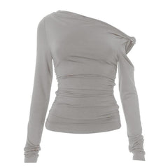 Irregular long sleeve hollow out ruched one shoulder cut out top-final-sale