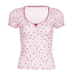 Short sleeve patchwork flower applique print top