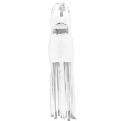 Halter patchwork mesh ruched ruffle maxi dress