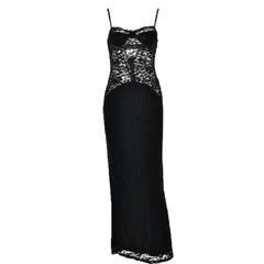 Button slit zip-up solid lace low cut maxi dress-final-sale