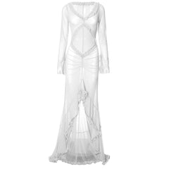 Long sleeve ruffle hollow out v neck sheer mesh cut out maxi dress-final-sale