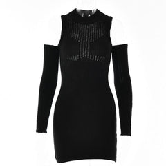 Long sleeve solid off shoulder crochet hollow out cut out mini dress - Final Sale