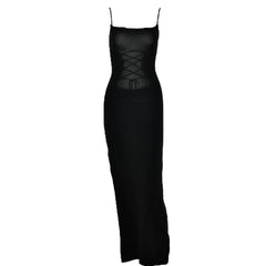 Lace up square neck slit solid backless cami maxi dress-final-sale