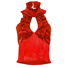 Halter ruffle ruched satin backless top-final-sale