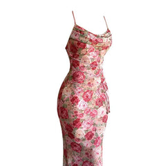 Self tie flower print backless spaghetti strap maxi dress