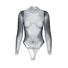 Sheer mesh see through body print high neck long sleeve bodysuit-final-sale