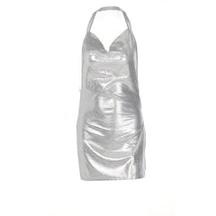 Halter cowl neck metallic high slit backless mini dress