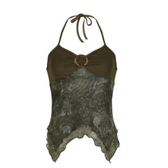 Ruched buckle print mesh ruffle cami top