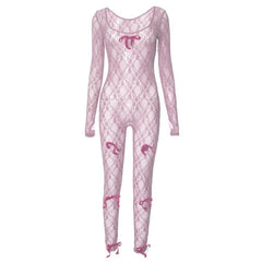Long sleeve see through bowknot lace jumpsuit