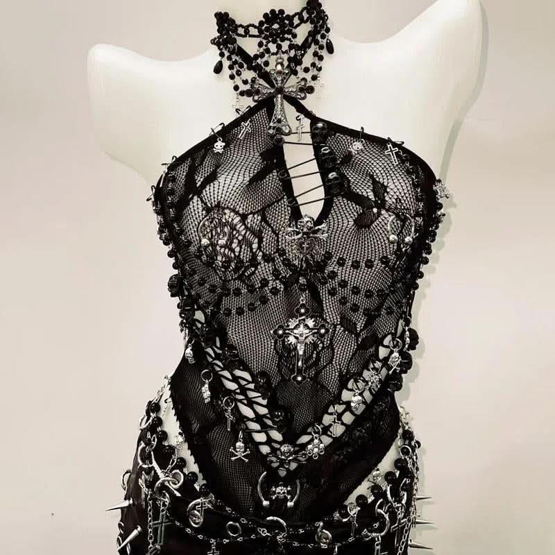 Halter hollow out beaded zip-up top