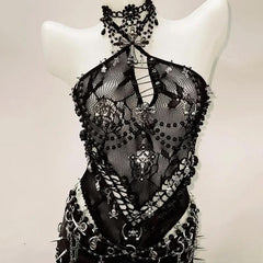Halter hollow out beaded zip-up top