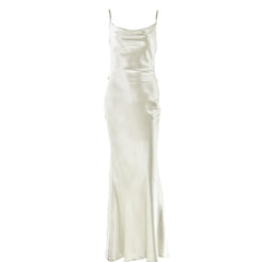 Cowl neck satin flower applique backless cami maxi dress
