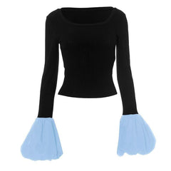 Long puff sleeve round neck ribbed ruched top-final-sale