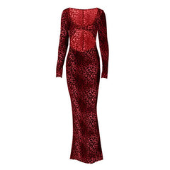 Long sleeve leopard print hollow out u neck cut out maxi dress