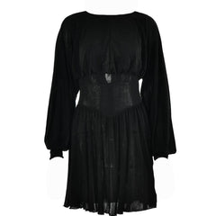 Button ruched corset solid long sleeve mini dress-final-sale