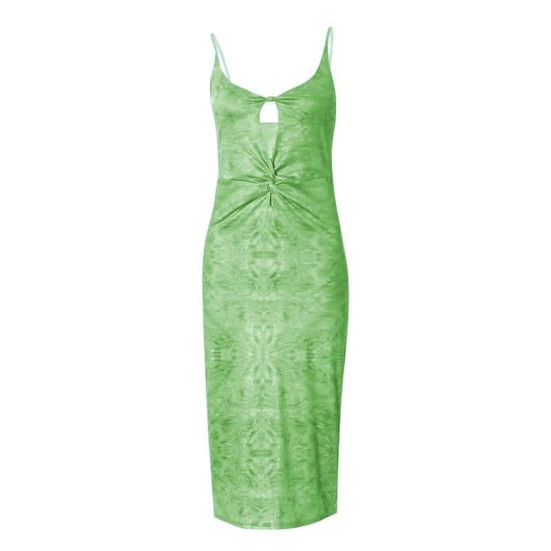 Ruched knotted slit print hollow out backless cami cut out midi dress-final-sale