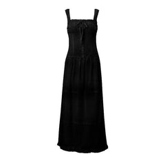Ruched button square neck sleeveless smocked ruffle midi dress-final-sale