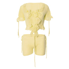 Short sleeve ruffle knitted drawstring ruched pant set-final-sale